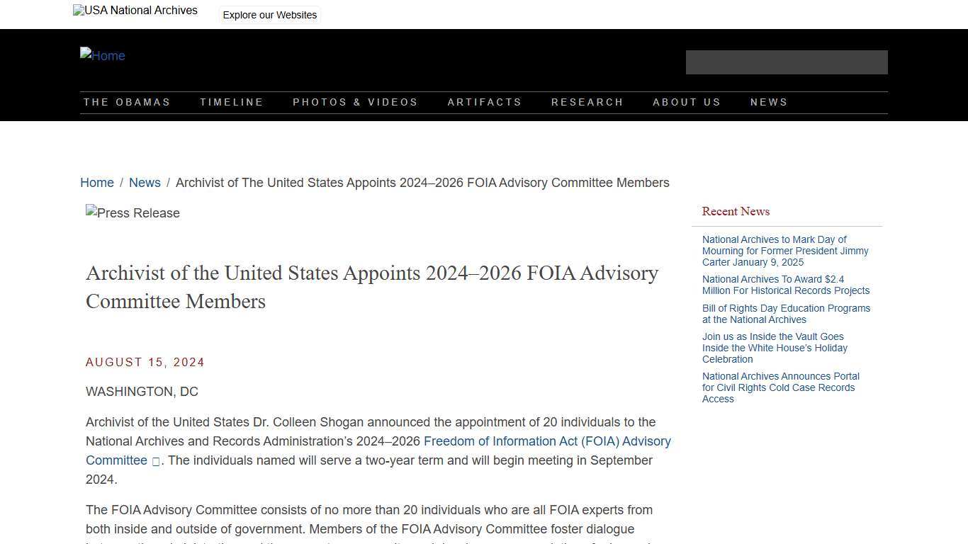 Archivist of the United States Appoints 2024–2026 FOIA Advisory Committee Members Barack Obama Presidential Library