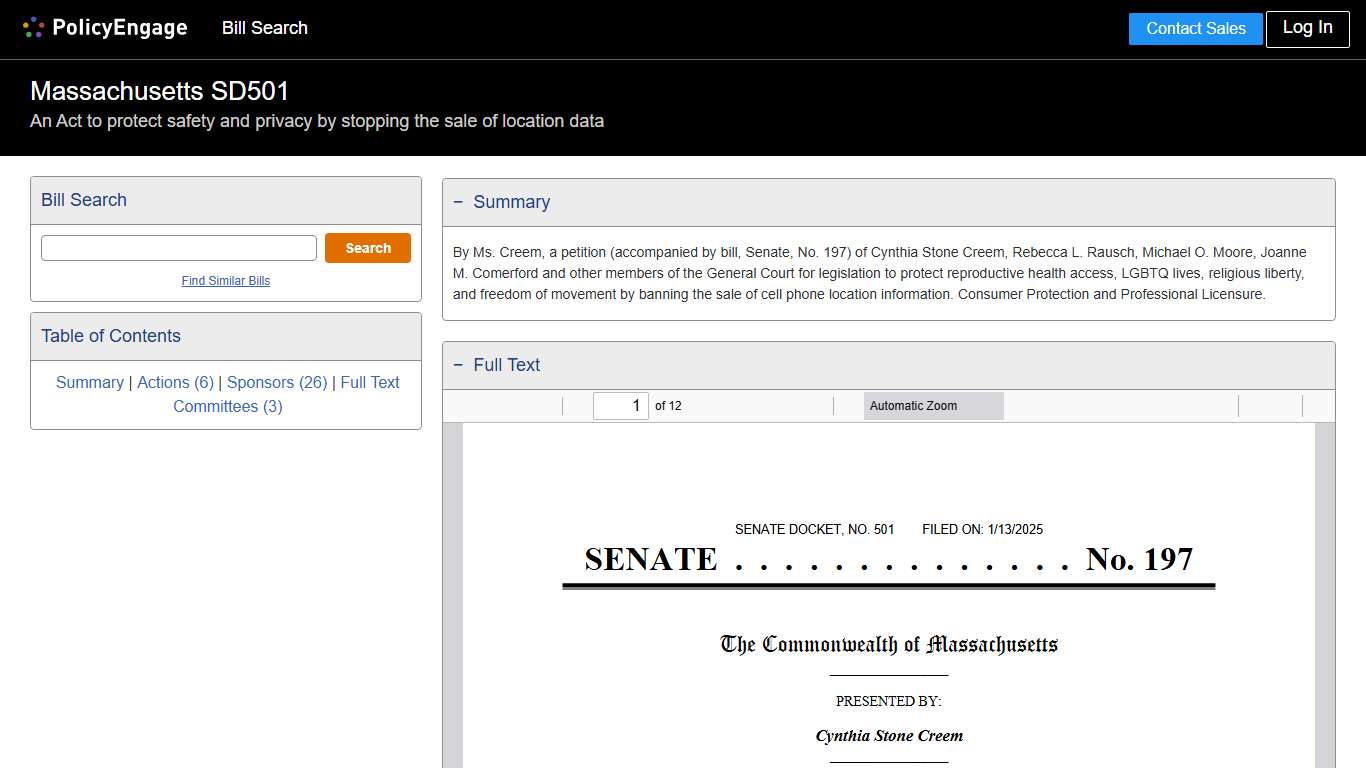 SD501 Massachusetts 2025-2026 An Act to protect safety and privacy by stopping the sale of location data - Legislative Tracking PolicyEngage